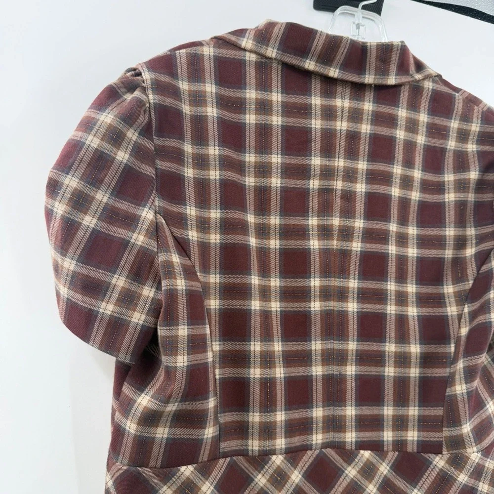 Stooshy Womens Plaid Y2K Short Sleeve Blazer Burgundy Brown Metallic Gold Large - Picture 12 of 12